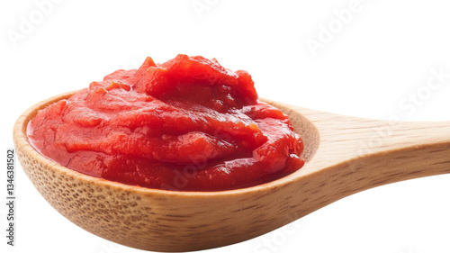 Wooden spoon showing delicious red tomato paste on transparent background
