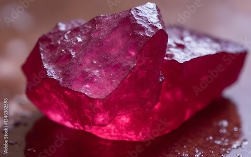 A high-detail macro photograph of a raw and uncut ruby, revealing its rich red color, natural inclusions, and raw crystalline structure.