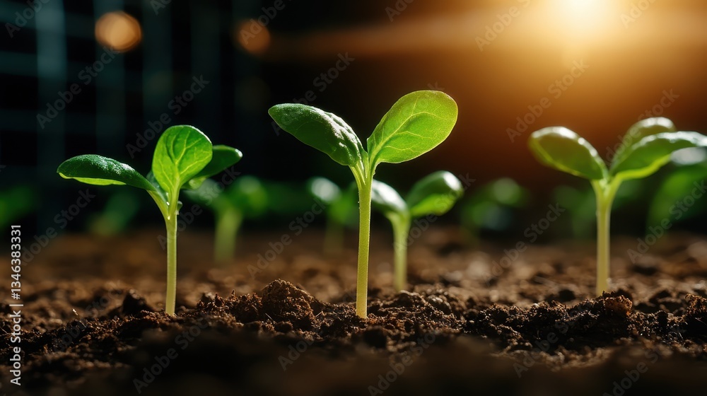 A close-up of healthy green sprouts breaking through dark soil, showcasing growth and potential in a calming, nature-inspired setting illuminated by soft light.