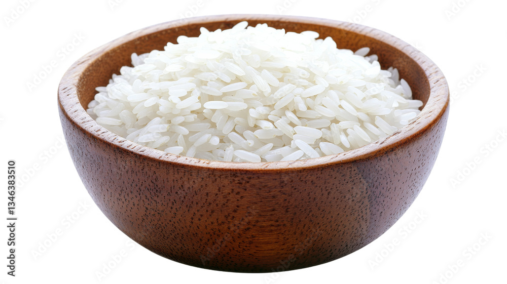 Wooden bowl overflowing with cooked white rice on transparent background Wooden bowl overflowing with cooked white rice on transparent background