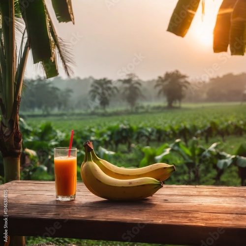 Banana fruit and juice smoothie drink on wooden table, garden plantation background. Tropical produce, agriculture. AI generated