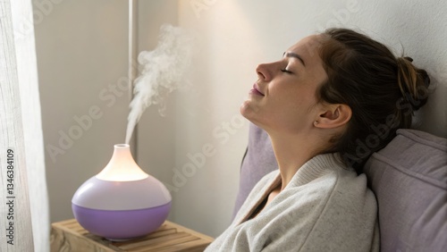 Woman enjoying a relaxing aromatherapy session with lavender oil while inhaling calming scents for stress relief