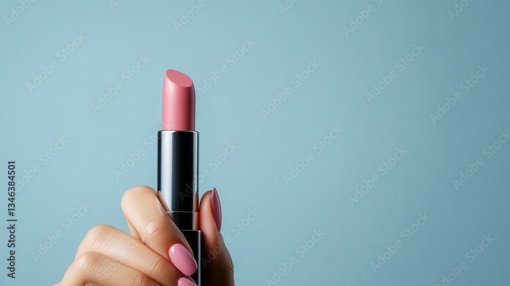 An inviting image of a stylish pink lipstick held by a well-manicured hand against a calm blue background, emphasizing the beauty and elegance of the cosmetic. An inviting image of a stylish pink lipstick held by a well-manicured hand against a calm blue background, emphasizing the beauty and elegance of the cosmetic.