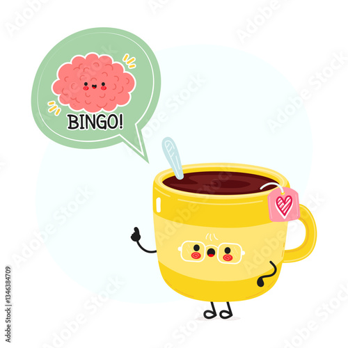 A happy Yellow Tea Cup cartoon character is thinking about a brain and shouting bingo.