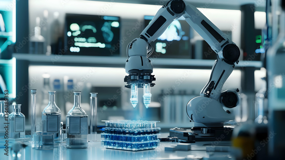 Advanced Robotic Arm Analyzing Samples in a Modern Lab Environment Advanced Robotic Arm Analyzing Samples in a Modern Lab Environment