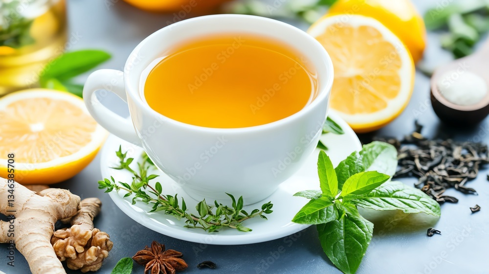 A soothing cup of herbal tea surrounded by fresh herbs and citrus fruits. A soothing cup of herbal tea surrounded by fresh herbs and citrus fruits.