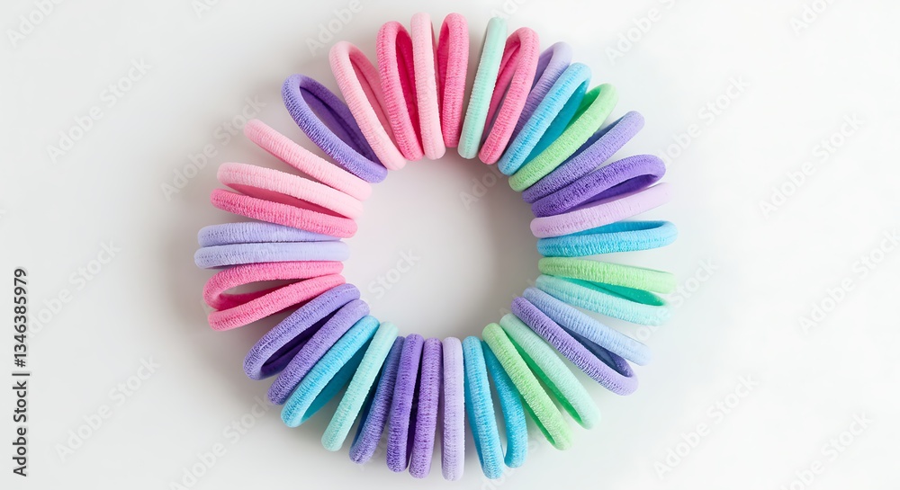 Obraz premium Colorful pastel hair ties arranged in a perfect circular shape on a white background.