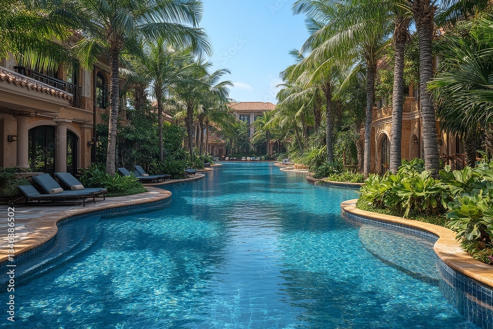 Fototapeta premium Beach Resort Hotel Pool in Hainan Surrounded by Palm Trees with Clear Blue Water. Wide-Angle View Captures Lush Greenery and Harmonious Scenery.