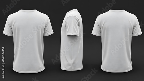 Three white blank t shirts displayed on dark gray background