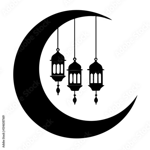 A crescent moon with hanging lanterns in an arch formation