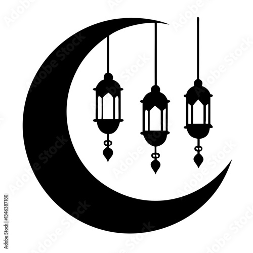 A crescent moon with hanging lanterns in an arch formation