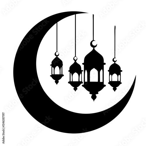 A crescent moon with hanging lanterns in an arch formation