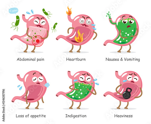Gastritis and dyspepsia symptoms . Set of stomach with facial expression . Cute medical cartoon characters . Vector .