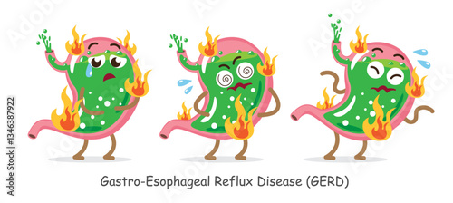 Gastroesophageal reflux disease . GERD . Set of stomach with facial expression . Cute medical cartoon characters . Vector .