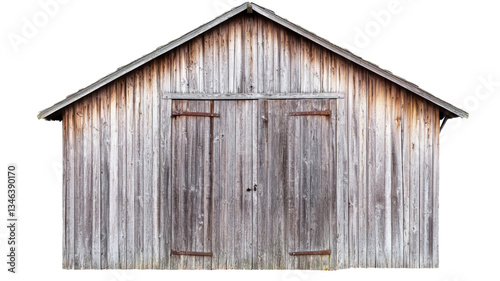 Old wooden barn with closed doors on transparent background