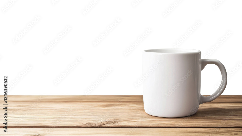 White mug standing on wooden table with transparent background White mug standing on wooden table with transparent background