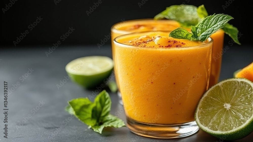 Two refreshing mango smoothies in glasses, topped with mint leaves and served with vibrant lime slices, presenting a delightful and energized drink option for any occasion. Two refreshing mango smoothies in glasses, topped with mint leaves and served with vibrant lime slices, presenting a delightful and energized drink option for any occasion.