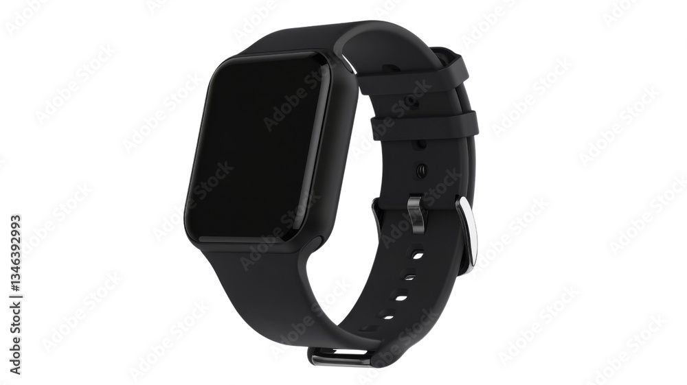 Modern smartwatch with black strap showing blank screen on transparent background Modern smartwatch with black strap showing blank screen on transparent background