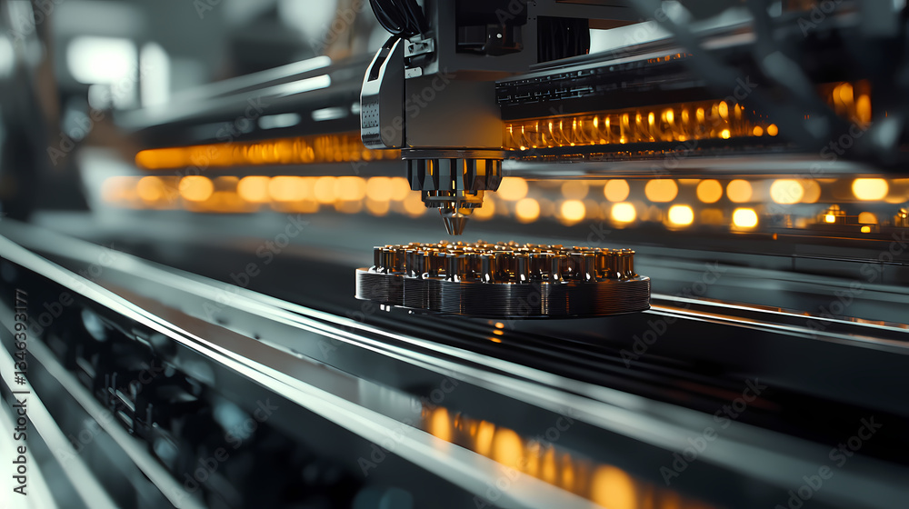 A high-tech machine operates with precision, illuminating the workspace with warm lights, focused on a component undergoing manufacturing. A high-tech machine operates with precision, illuminating the workspace with warm lights, focused on a component undergoing manufacturing.