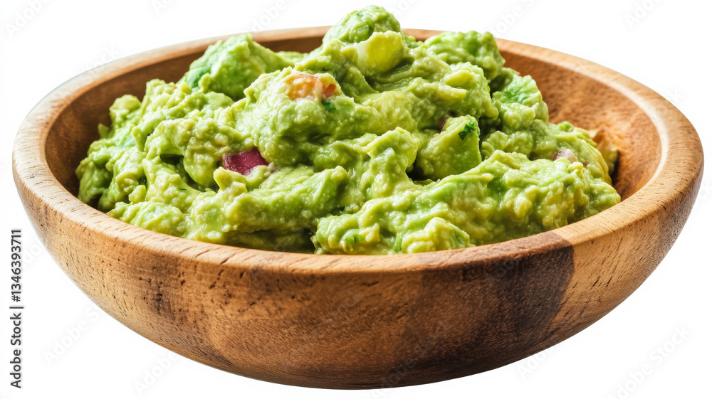 Guacamole with tomatoes and onions filling wooden bowl on white background