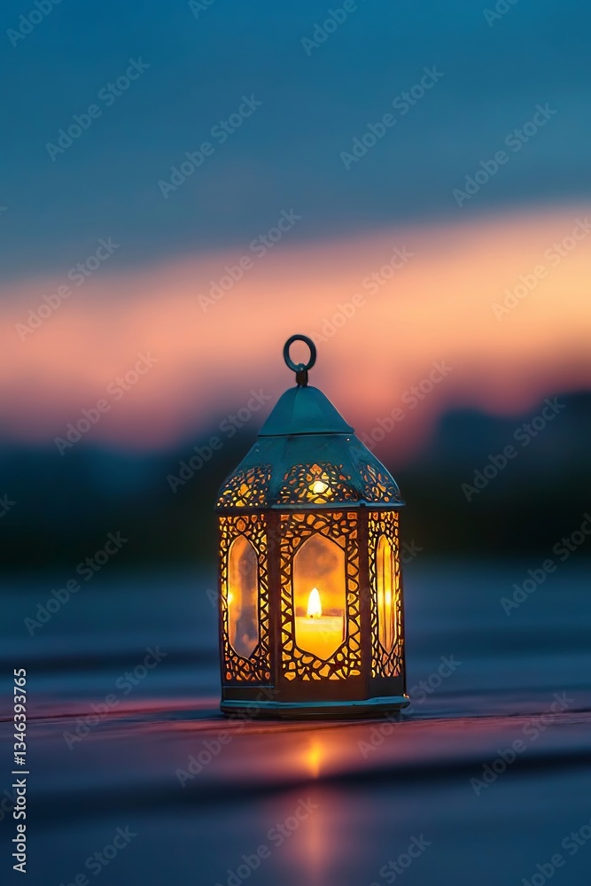 Decorative Arabic Lantern with Candle Light Illuminates the Sunset, Ramadan Kareem Background, Decorative Arabic Lantern with Candle Light Illuminates the Sunset, Ramadan Kareem Background,