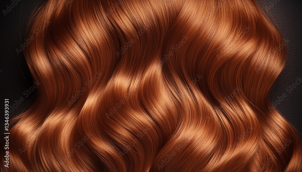 Fototapeta premium Luxurious, radiant copper-brown wavy hair cascading in elegant waves against a dark background.
