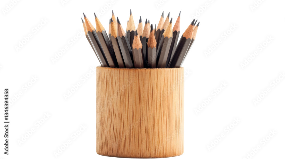 Fototapeta premium Pencils standing in wooden pot on transparent background