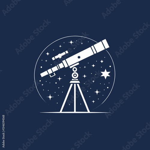 Telescope icon for stargazing with stars and moon in dark blue background