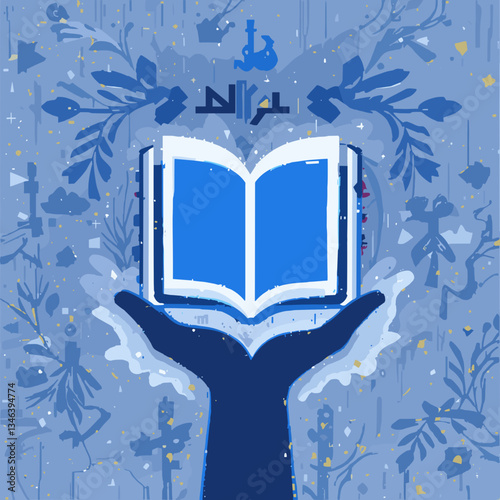 hand holding an open book surrounded by floral and abstract designs