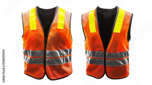 Two orange safety vests with reflective stripes on transparent background