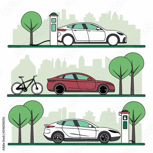 Clean energy for electric vehicles, environmentally friendly nature drawings vector work