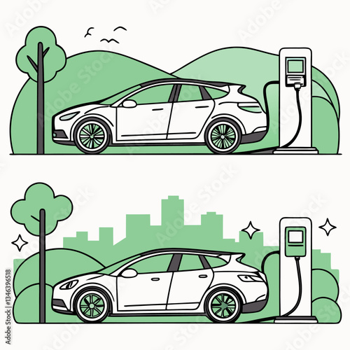 Clean energy for electric vehicles, environmentally friendly nature drawings vector work