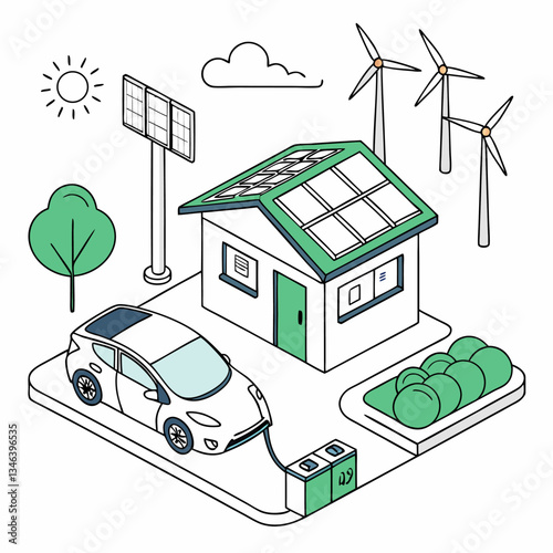 Clean energy for electric vehicles, environmentally friendly nature drawings vector work