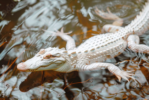 Close-up of rare albino alligator floating calmly in water. The image captures the detailed texture of its skin and the serene nature of its environment