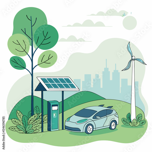 Clean energy for electric vehicles, environmentally friendly nature drawings vector work