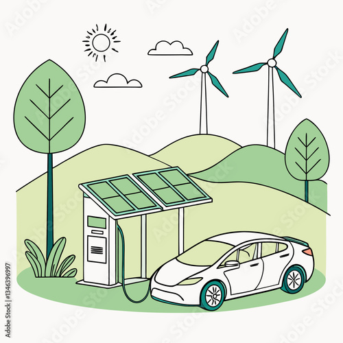 Clean energy for electric vehicles, environmentally friendly nature drawings vector work