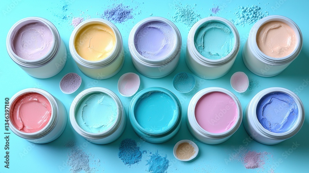 Colorful skincare creams and powders arranged aesthetically Colorful skincare creams and powders arranged aesthetically