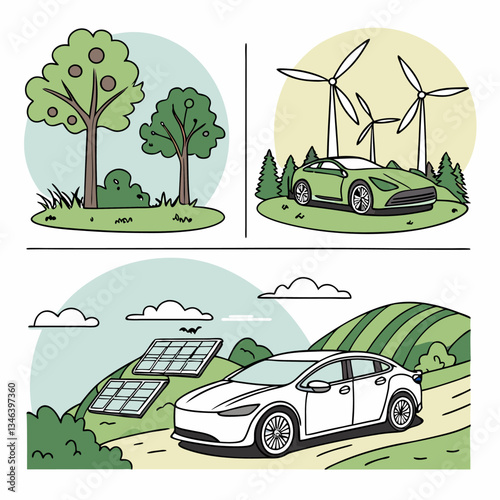 Clean energy for electric vehicles, environmentally friendly nature drawings vector work