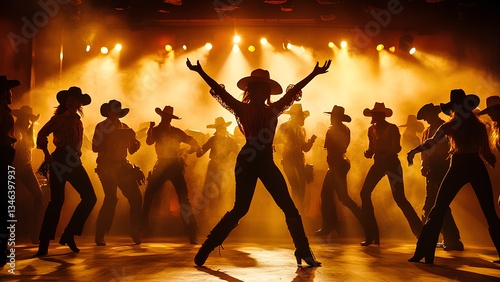 Silhouette of Line Dancers at Country Western Dance Party with Dramatic Stage Lighting