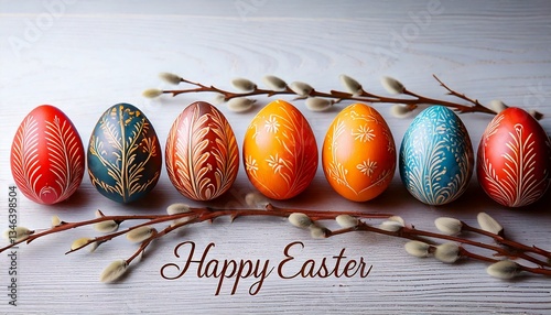 Easter card with eggs, catkins and wishes photo
