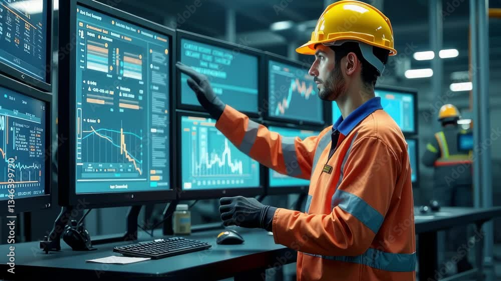 Engineer in safety helmet controlling chemical processes through touch control panel Engineer in safety helmet controlling chemical processes through touch control panel
