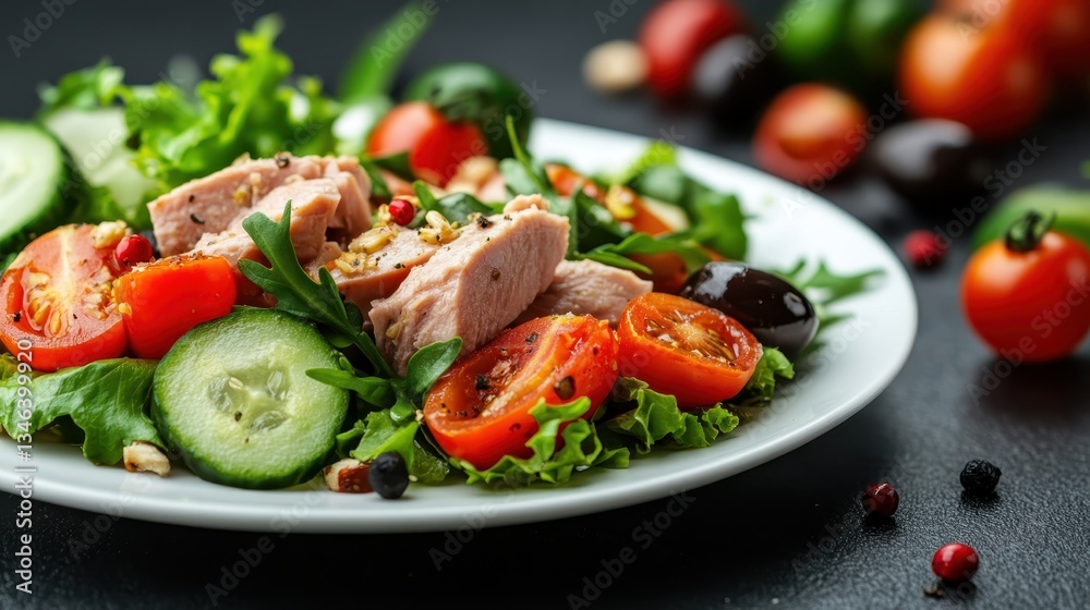 An appetizing salad that combines tender chicken pieces, fresh greens, cherry tomatoes, and cucumbers, showcasing a healthy and delightful meal option for everyone. An appetizing salad that combines tender chicken pieces, fresh greens, cherry tomatoes, and cucumbers, showcasing a healthy and delightful meal option for everyone.