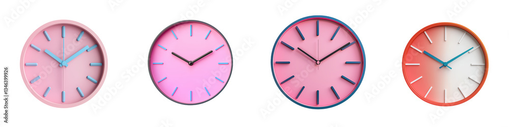 A collection of stylish minimalist analog clocks in vibrant pastel colors adding a modern and decorative touch to any interior space A collection of stylish minimalist analog clocks in vibrant pastel colors adding a modern and decorative touch to any interior space