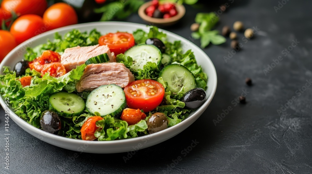A colorful salad featuring fresh greens, sliced salmon, cherry tomatoes, and cucumbers, symbolizing a healthy lifestyle that's full of flavor and nutrients. A colorful salad featuring fresh greens, sliced salmon, cherry tomatoes, and cucumbers, symbolizing a healthy lifestyle that's full of flavor and nutrients.