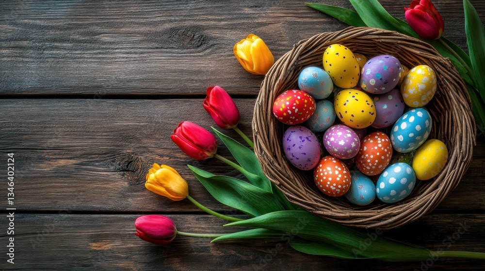 Easter Tulips and Decorated Eggs on Wooden Background.