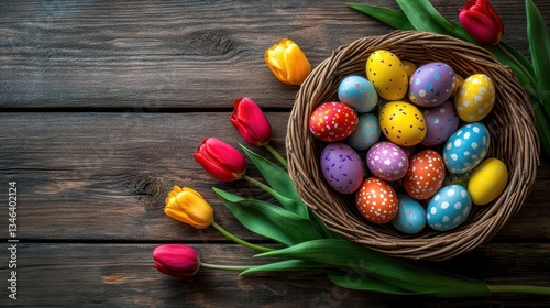 Obraz na płótnie Easter Tulips and Decorated Eggs on Wooden Background. w salonie