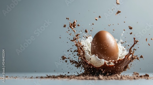 A stunning image depicting a chocolate egg creating a spectacular splash, symbolizing fun and excitement in the culinary world, perfect for enticing dessert lovers everywhere.