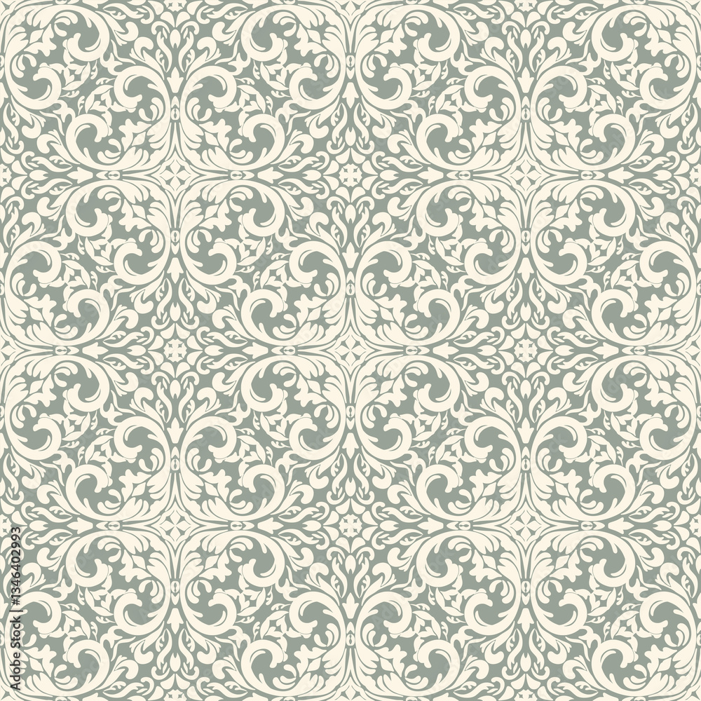 Ornate Green Damask Pattern with Elegant Floral and Baroque Details.  Vector illustration