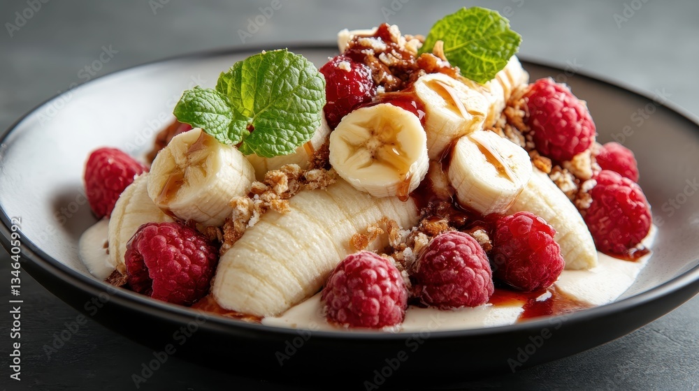 A tempting bowl of bananas complemented by rich sauces, raspberries, and crunchy toppings, making it an inviting treat for dessert lovers and health enthusiasts. A tempting bowl of bananas complemented by rich sauces, raspberries, and crunchy toppings, making it an inviting treat for dessert lovers and health enthusiasts.
