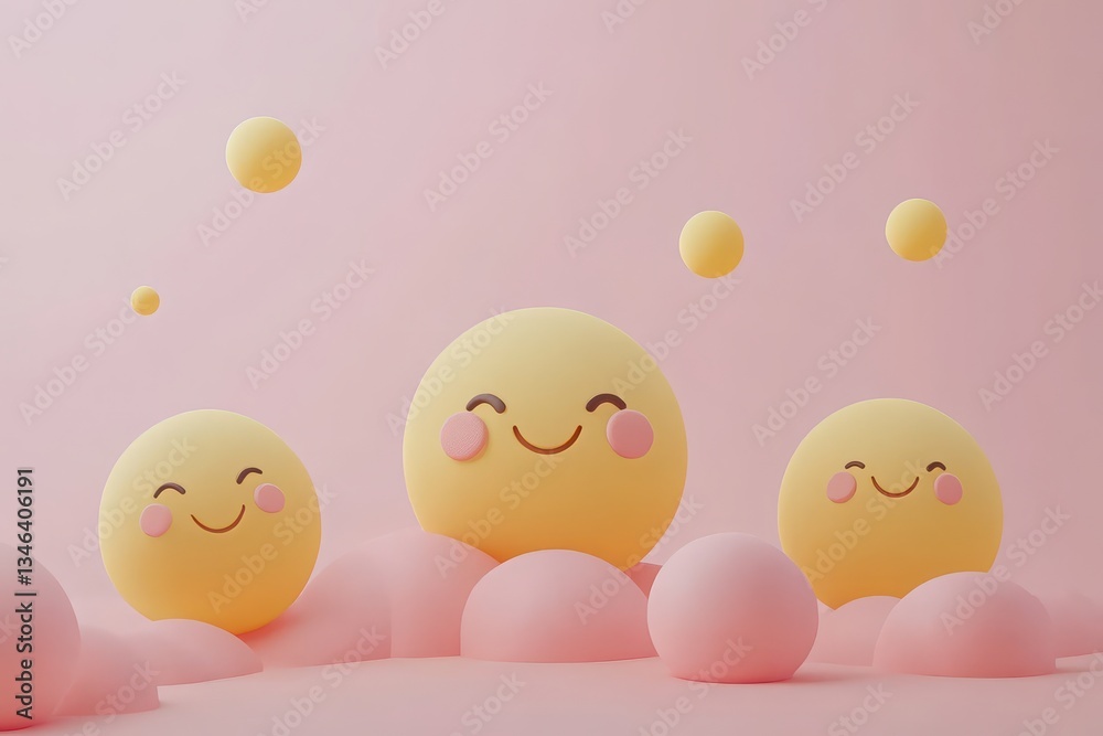 Three yellow smiling faces with pink cheeks and pink spheres on a pink background scene Three yellow smiling faces with pink cheeks and pink spheres on a pink background scene
